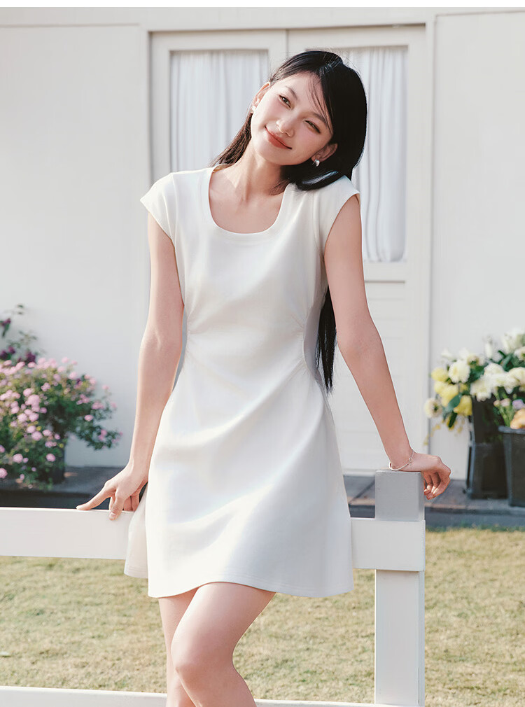 Semir Women's Summer Dress U-Neck Solid Color Pleated Short Sleeve Short Skirt 2026 Minimalist Design 109326114005 26