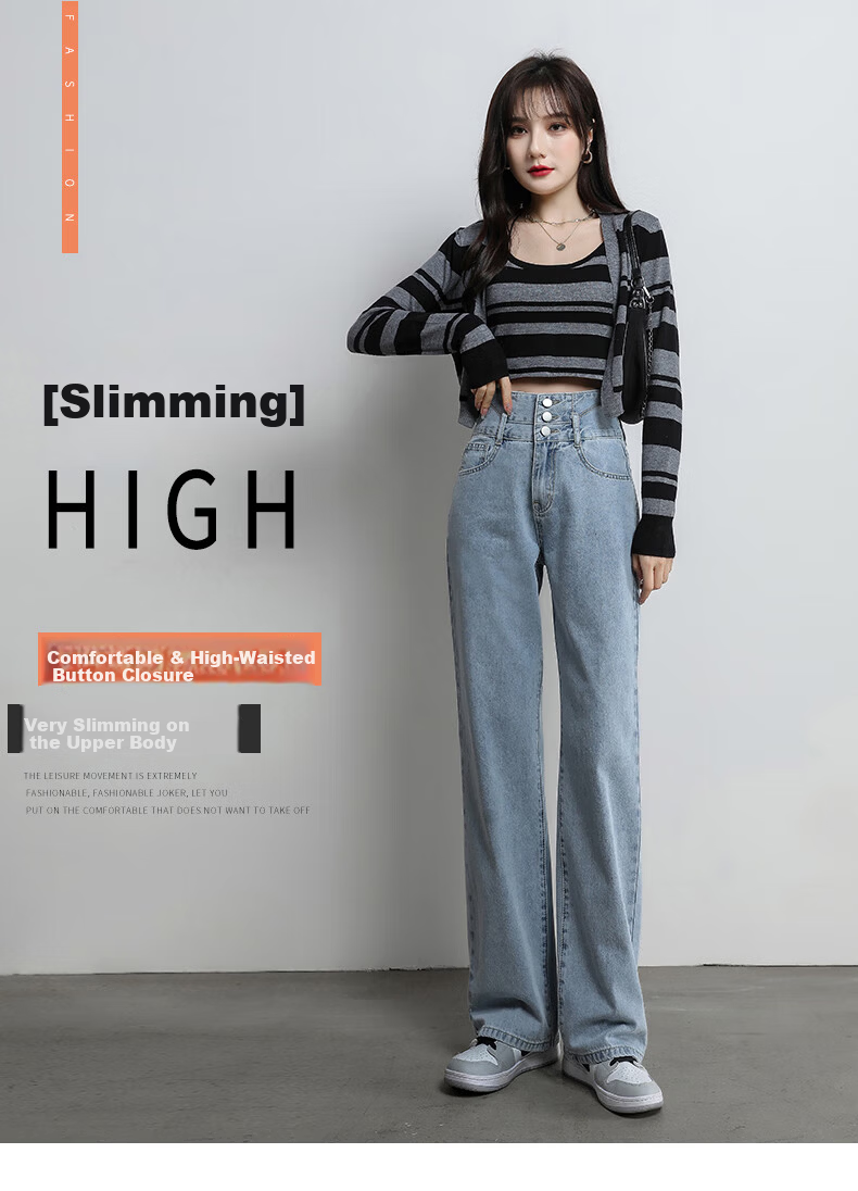 Romon [Cotton Stretch] Women's Summer High-Waist Slim Fit Simple Casual Loose Wide-Leg Jeans Dark Blue S 2