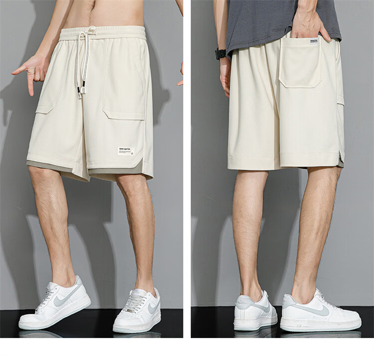 MARK FAIRWHALE Men's Casual Summer Lightweight Loose Fit Student Sports Ice Silk Five-Point Shorts Beige M 23
