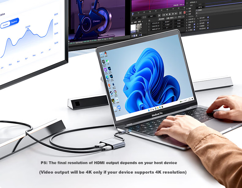 Superior Type-C to Dual HDMI Docking Station Triple Screen Display Splitter 4K HD PD Fast Charging USB Expander Dual Display Adapter USB-C Converter 9
