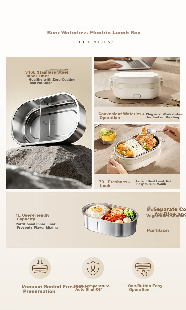 Bear Electric Lunch Box Self-Heating Lunch Box No Water Needed Plug-in Heating 316L Stainless Steel 1L DFH-N10F6 4