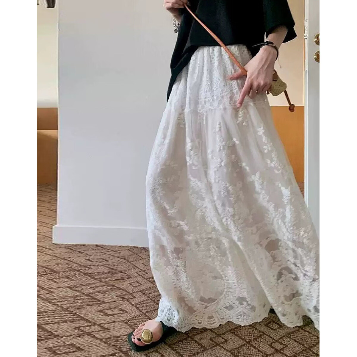 MT Advanced Romance Summer Elegant Lace Texture Elastic Waist Lightweight Flowing Slim A-Line Women's Skirt