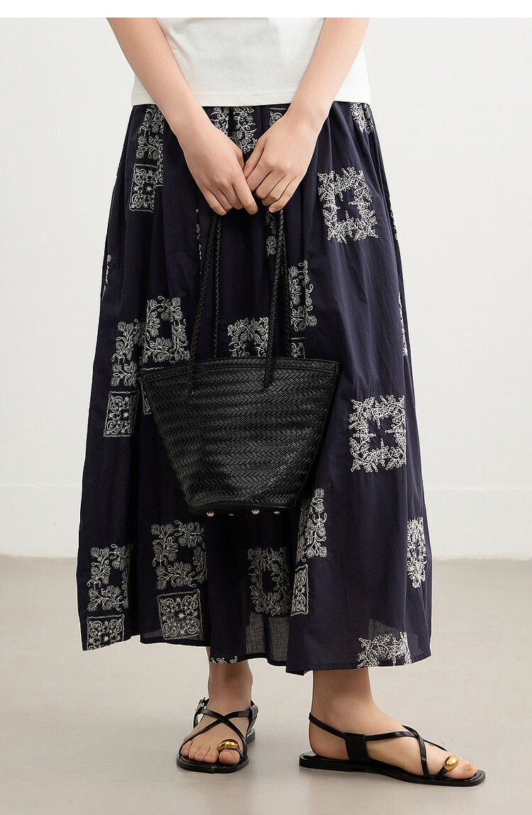 Demana Pure Cotton Poetry Summer Vintage Color-Block Embroidered Elastic Waist Slimming Mid-Length Skirt for Women 16