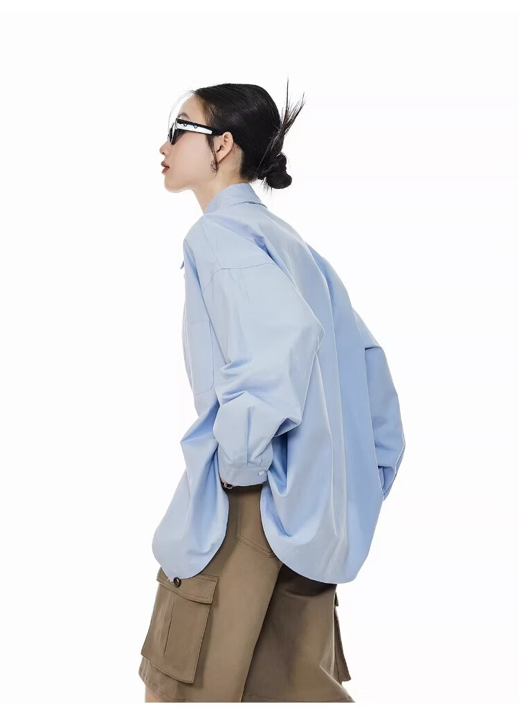 ICH MODE Blue Long Sleeve Women's Shirt Summer Loose Casual Blouse Versatile Trendy Top Jacket Blue S 26