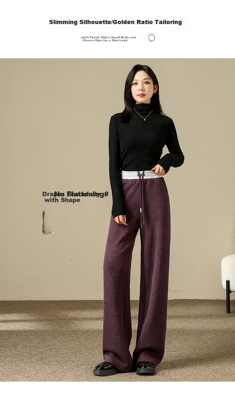 JEANSWEST Women's Casual Color-Block High-Waist Drawstring Slimming Straight-Leg Wide-Leg Pants, Beige, Size L, Autumn/Winter 8