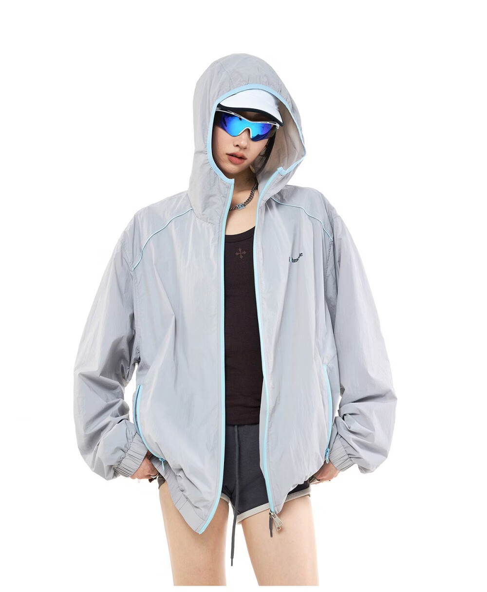 ICH MODE Colorblock Physical Sunscreen Jacket Women Spring Summer New Hooded UV Protection Coat Light Blue M 14