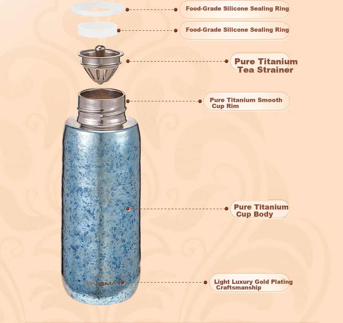 BVGMAV Pure Titanium Insulated Large Capacity Tea Steeping Cup Magnetic Double Lid Titanium Tea Cup Outdoor Antibacterial Titanium Water Bottle 820ml 26