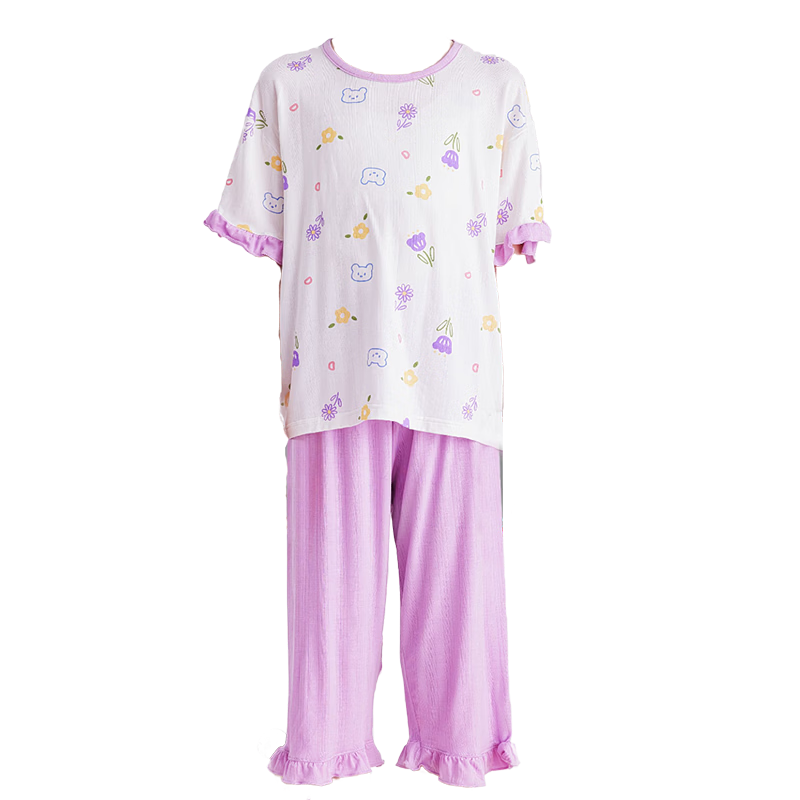 DEESHA [Ice Silk Smooth] Girls' Spring And Summer Pajamas, 7A Antibacterial Thin Short-Sleeve Top with Capri Pants, Air Conditioning Wear, Children's Home Wear