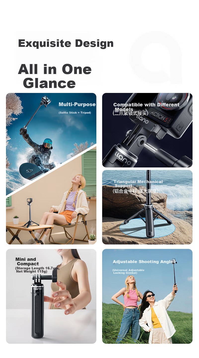 Llano DJI Action6/5Pro/4 Handheld Selfie Stick Mini Portable Extension Rod AcePro2/Gopro13/12 Sports Camera Mount Tripod Accessory 2