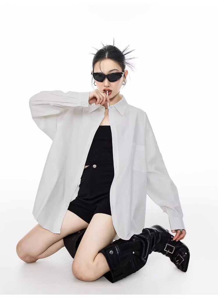 ICH MODE Blue Long Sleeve Women's Shirt Summer Loose Casual Blouse Versatile Trendy Top Jacket Blue S 13