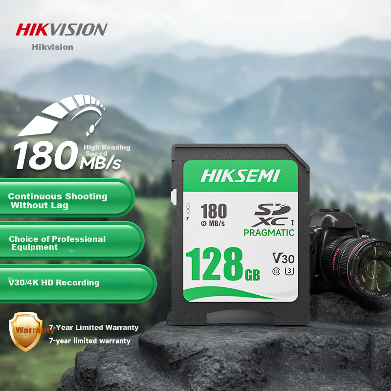 HIKVISION 128GB SD Camera Memory Card V30 U3 180MB/s Read Speed High-Speed Storage Card for DSLR Mirrorless Digital Cameras Compatible with Canon Nikon Sony