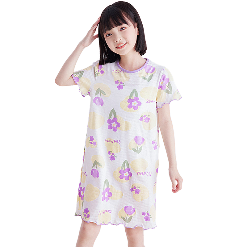 DEESHA Girls' Cotton Nightgown, Breathable Mesh Sleepwear, Lightweight Summer Dress for Little Girls And Older Children, White Background with Purple Flowers, Size 120