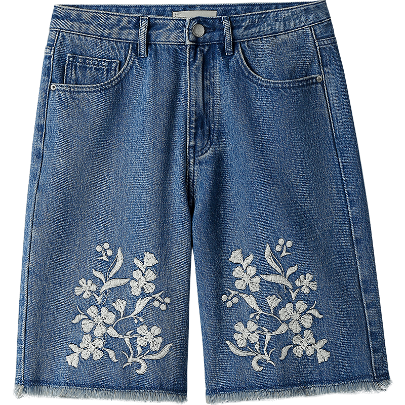 INMAN 100% Xinjiang Cotton Vintage Embroidered Denim Shorts 26 Summer Women's New Raw Hem Mid-Length Pants Denim Blue 28