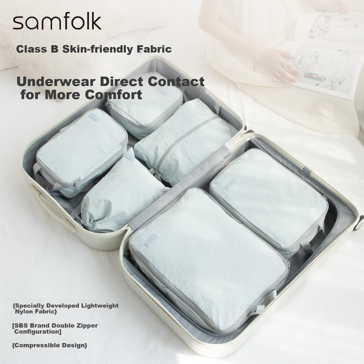 Samfolk Travel Storage Bags Luggage Clothes Compression Packing Organizer Set of 3 Blue for Business Trip and Travel