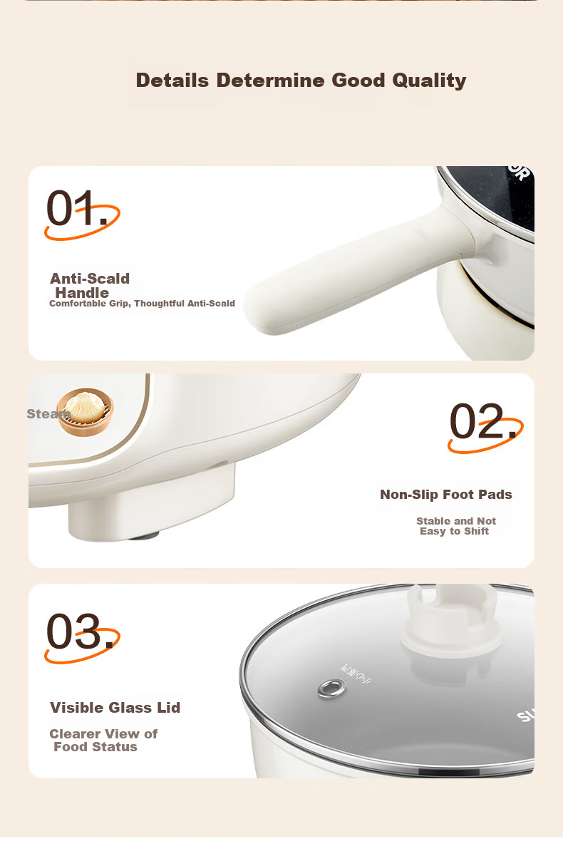SUPOR Electric Cooking Pot Electric Hot Pot Electric Heating Pot 2.5L Small Electric Pot for 1-2 People Detachable Electric Frying Pan Multifunctional Dormitory Pot with Steamer CJ21R860 15