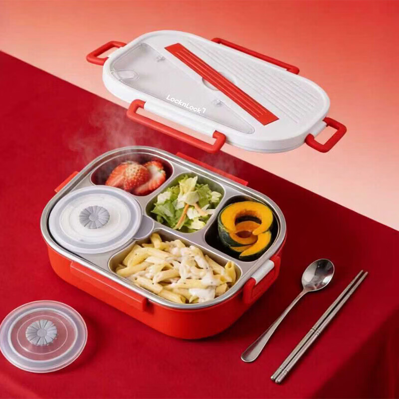 LOCK&LOCK JD Exclusive 316L Stainless Steel 5-Compartment Student Lunch Box 1.5L Red with Utensils and Carry Bag