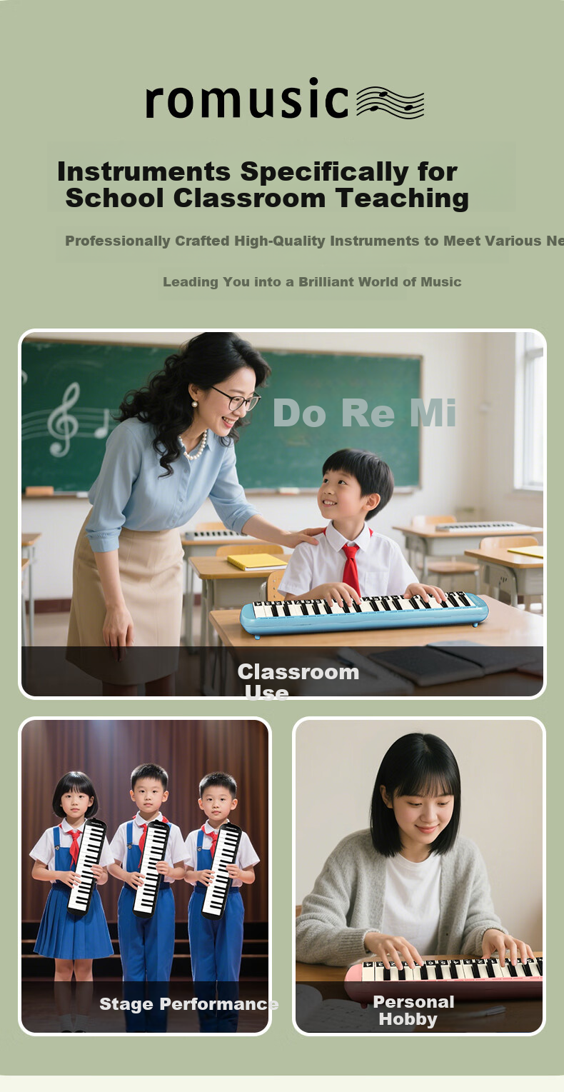 Romusic 37-Key Melodica for Elementary School Students, Black, Beginner Wind Keyboard Instrument for Children 4