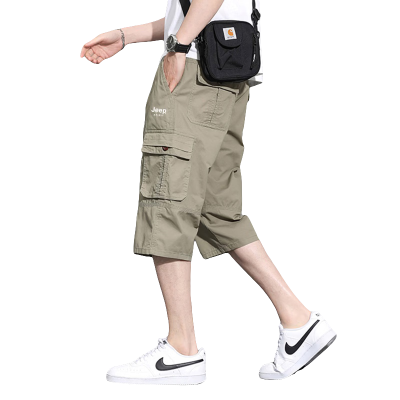 JEEP SPIRIT Men's Shorts, Summer American-Style Three-Quarter Pants, Outdoor Casual Cargo Pants for Men, Army Green, 4XL