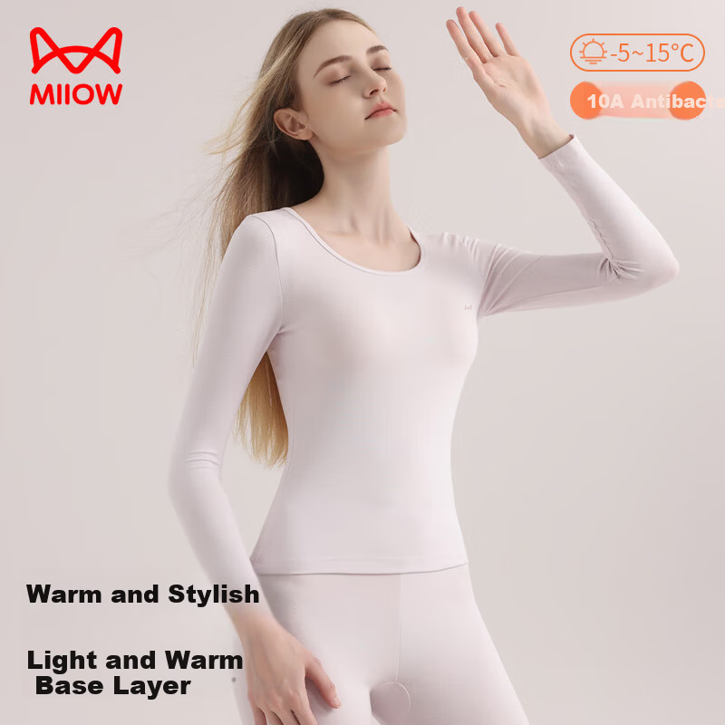 MiiOW 10A Antibacterial Modal Thermal Underwear Set for Women, Couples, Thin Slim Fit Base Layer, Autumn Shirt and Pants, White Purple, Size L