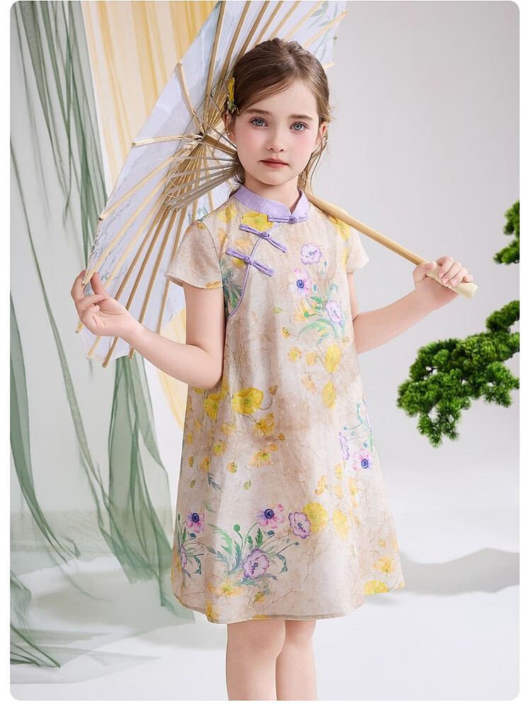 ASK JUNIOR Chinese Style New Mid-Modern Children's Dress 2026 Summer Short Sleeve Qipao Dress for Girls 13