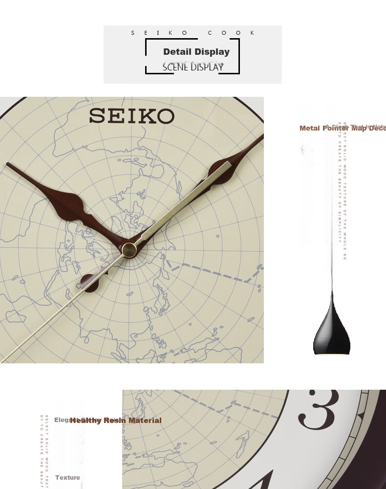 SEIKO 14-Inch 36cm Matte Simple Map Wall Clock Non-Punch Home Living Room Clock 7