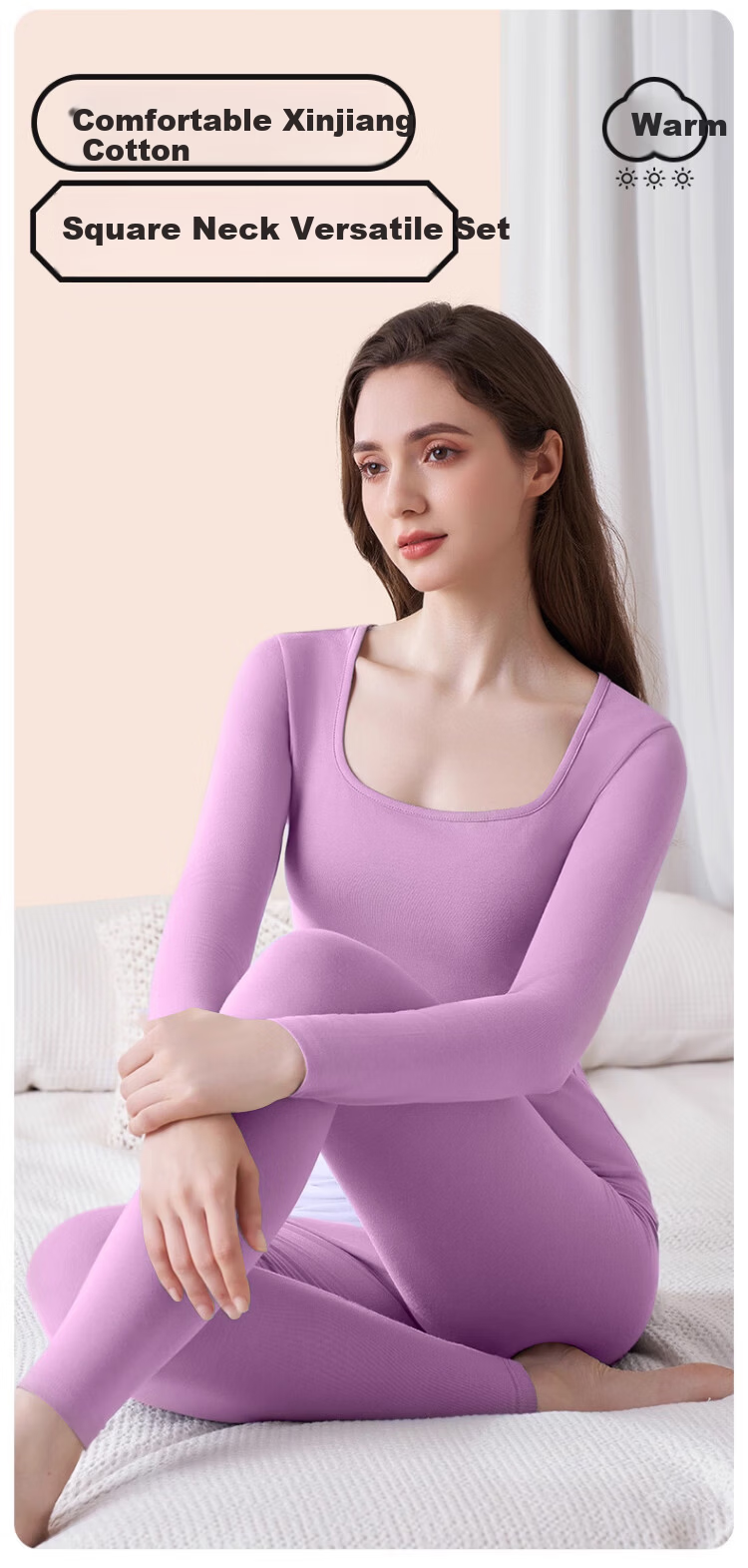 Caiyue Women's Thermal Underwear Xinjiang Cotton Seamless 10A Antibacterial Stretch Pure Cotton Autumn Top and Bottom Set with Square Neck 2