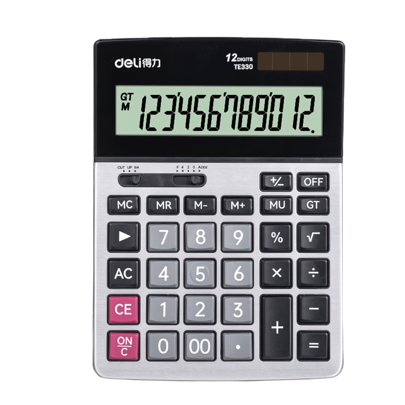 Deli Dual Power Wide Screen Large Metal Panel Desktop Calculator Financial Accounting Office Stationery Silver Gray TE330