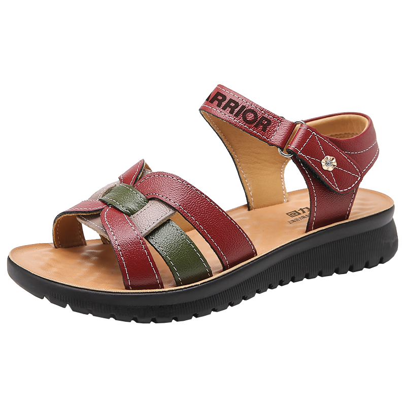 Warrior Mom Sandals 2026 New Summer Non-Slip Soft Sole Genuine Leather Middle-Aged and Elderly Women's Shoes 1150 Red Green Size 39