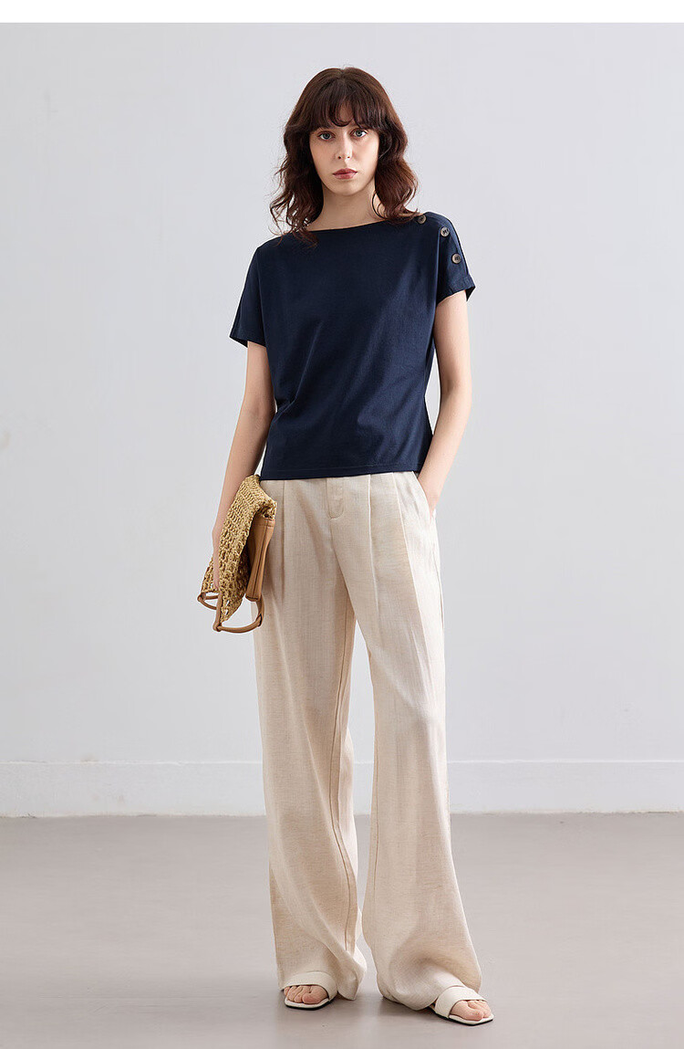 Demana [Cool Sorona] Summer Elegant Off-Shoulder Raglan Sleeve Button Decor Slim Fit Petite Women's T-Shirt 21