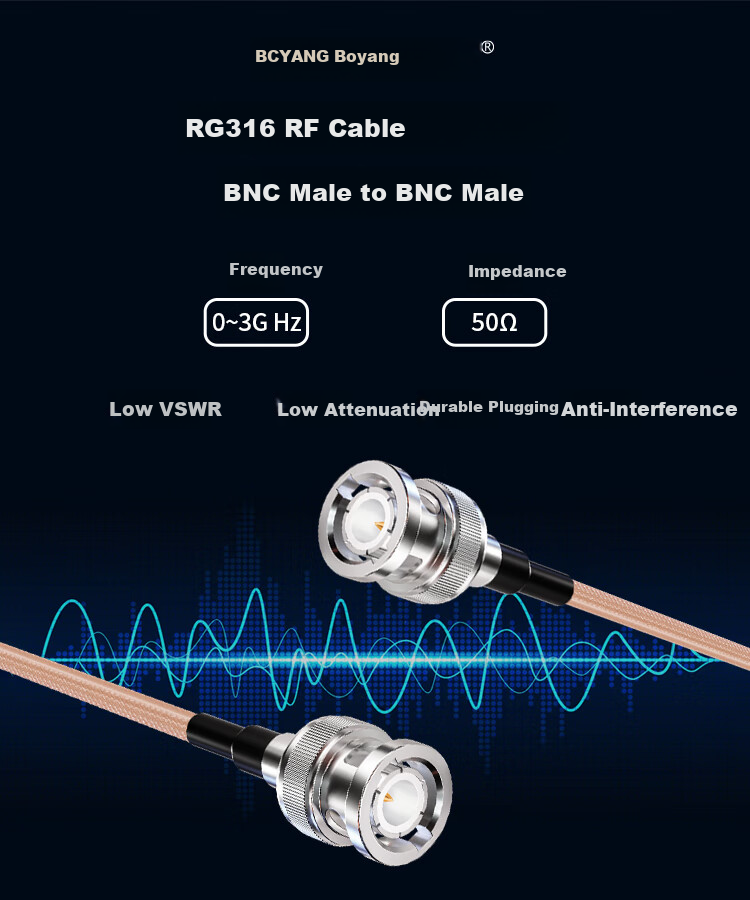 BOYANG BNC Male to BNC Male RF Cable 50 Ohm 5m High Frequency RG316 Ultra-Flexible Silver-Plated Shielded SFF50-1.5 High Temperature Wire (0-3GHz) BY-316-BNC-5 1