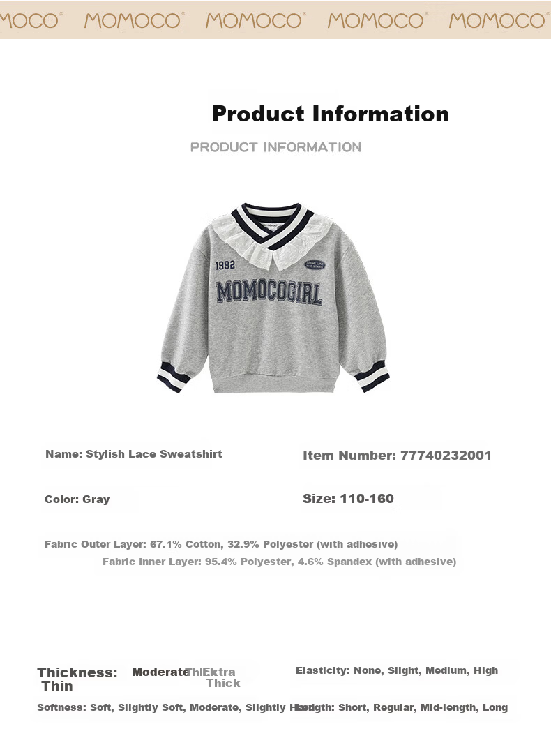 MOMOCO Girls' Sweatshirt Autumn Winter Kids Long Sleeve Stylish Sweet Ruffled Sweatshirt 02 Floral Gray Size 150 5
