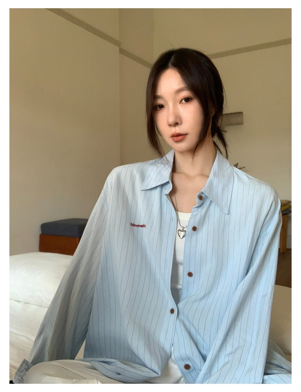 ICH MODE Solid Color Small Logo Letter Loose Physical Sun Protection Casual Versatile Lazy Women's Jacket Shirt Blue L 10