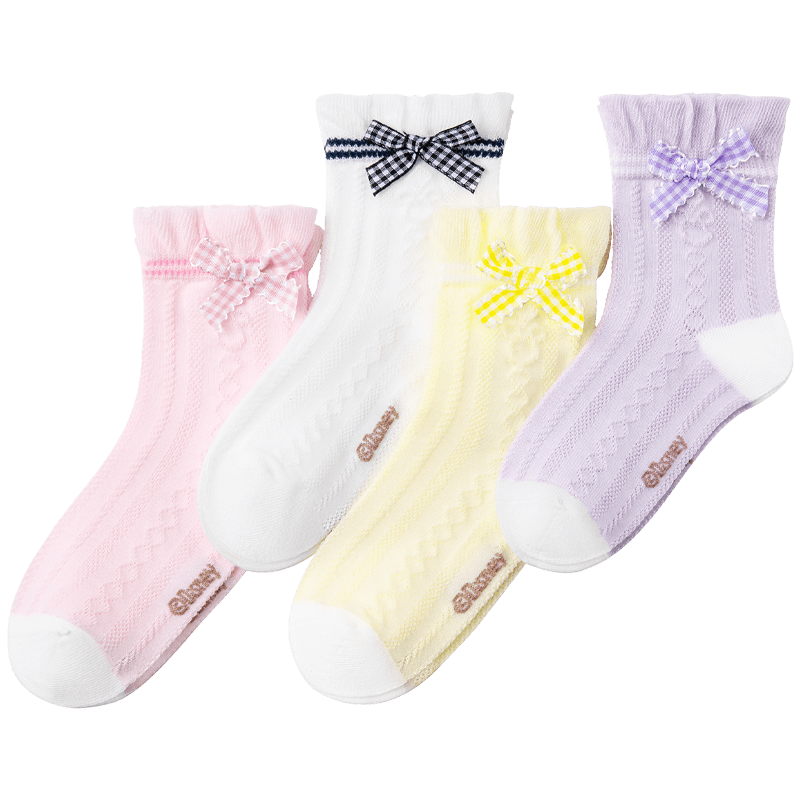 Disney Girls Summer Thin Mid-Calf Socks 2026, 4 Pairs, Sweet Bowknot, Seamless Mesh Socks, Size L