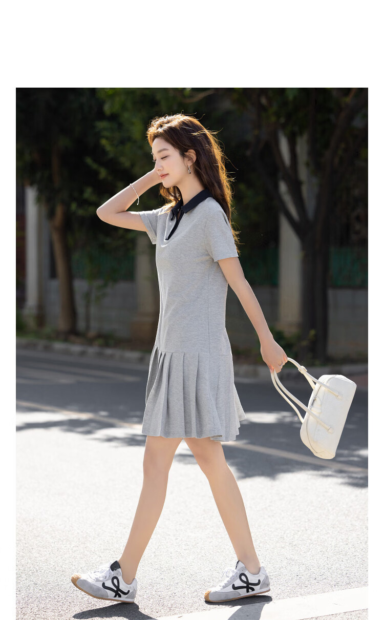 Demana Fresh Cloud Cotton Summer College Style Colorblock Polo Collar Pleated Loose Slim Fit Women's Dress 2