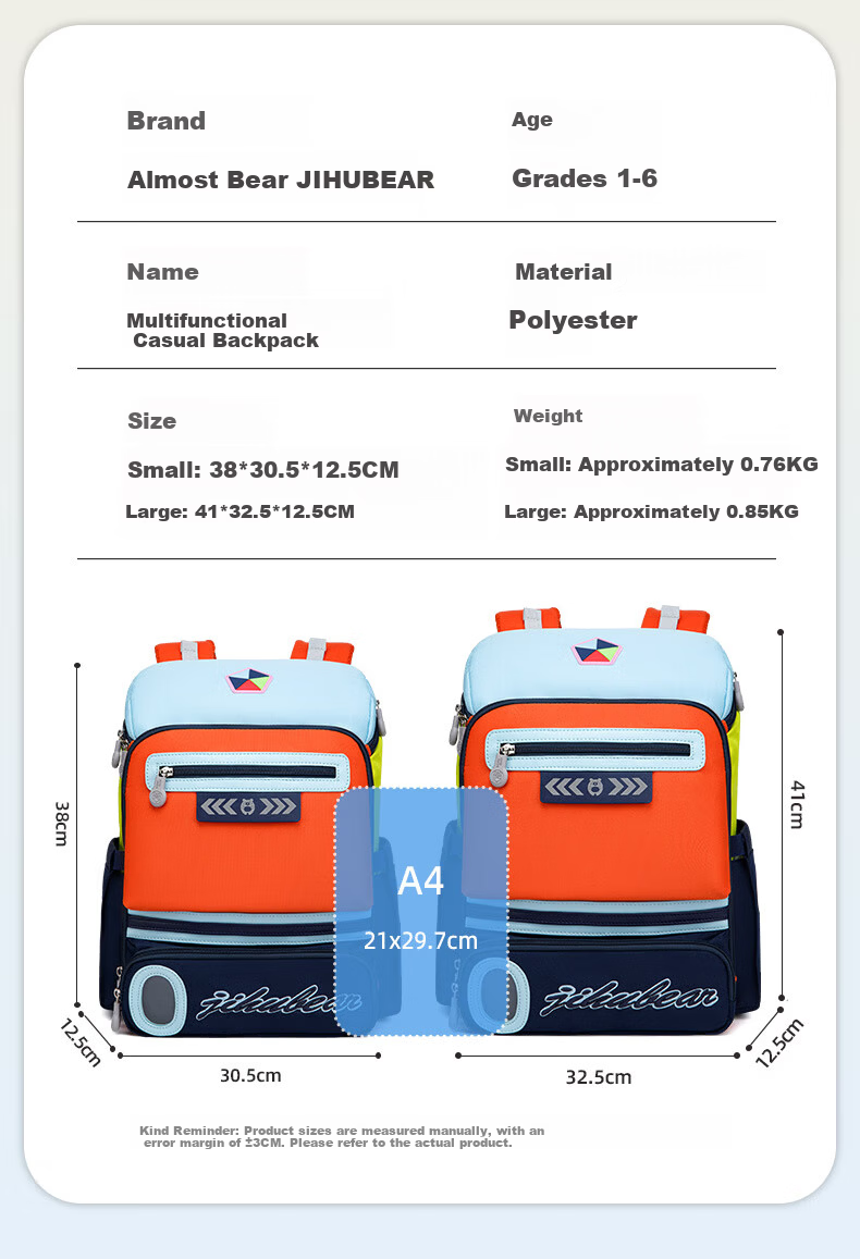 Almost Bear School Backpack for Elementary Boys and Girls Grades 1-3-6 Lightweight Large Capacity Children's Ergonomic Double Shoulder Bag 7