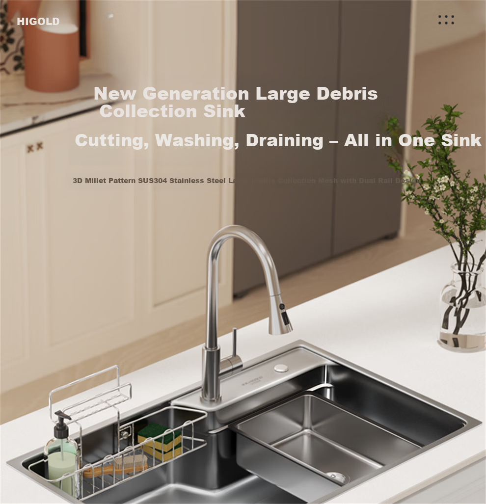 HIGOLD Kitchen Sink Embossed Raindrop Large Single Bowl 304 Stainless Steel Countertop Middle and Lower Vegetable Washing Basin with Strainer MAX 3