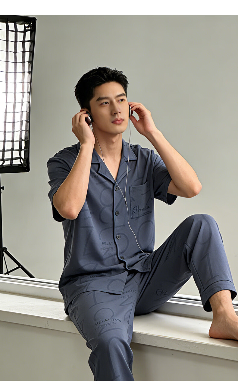 Hengyuanxiang 100% Cotton Men's Pajamas Polo Collar Cardigan Antibacterial Mite-Resistant Short Sleeve Long Pants Summer Casual Homewear Suitable for Outdoors 8