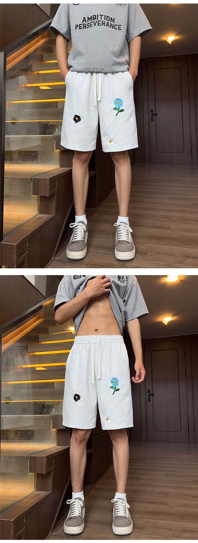 Dingfengbaoluo Cotton Feel Casual Sports Shorts Men Summer Loose Floral Embroidery Simple Five-Point Pants SJ44 White Flower Gray M 2