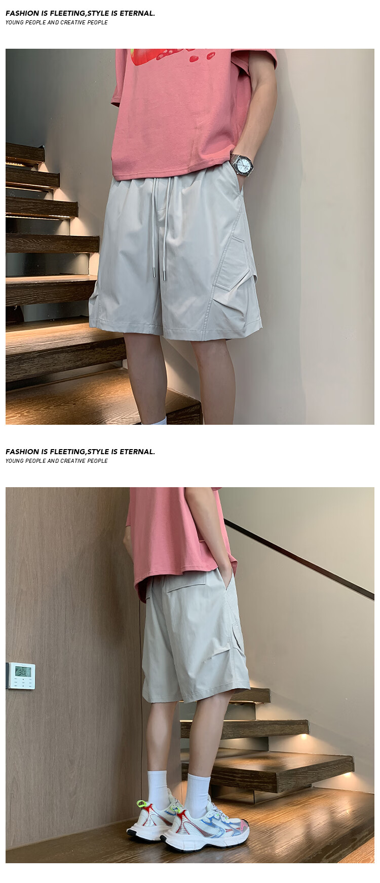 POUM Ice Silk Pocket Work Shorts Men's Summer American Style Trendy Loose Straight Five-Point Pants HK26110 Light Gray M 5