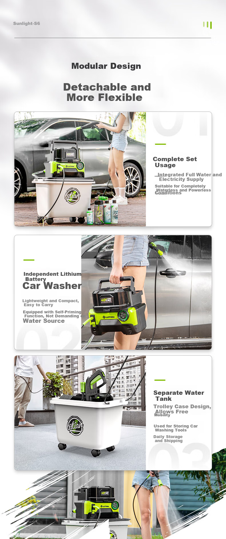 LUTIAN 40V Cordless Car Washer Dual Battery Pack with Water Tank 800W Home Lithium Battery High-Pressure Cleaning Gun Yao S6 9