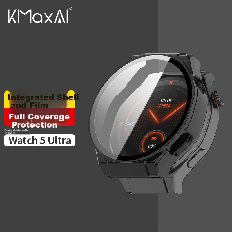 KMaxAI Honor Watch 5 Ultra Tempered Glass Screen Protector + Hard Case 46mm Full Coverage Scratch and Fingerprint Resistant Protective Shell Black
