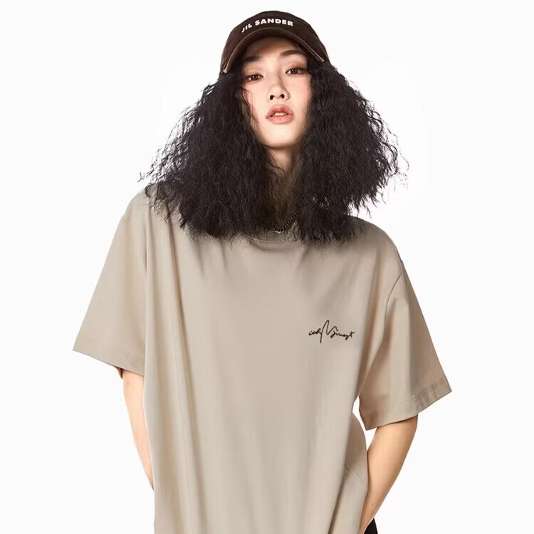 ICH MODE 260G Heavyweight Trendy Back Print Oversize T-Shirt Women Top Apricot L