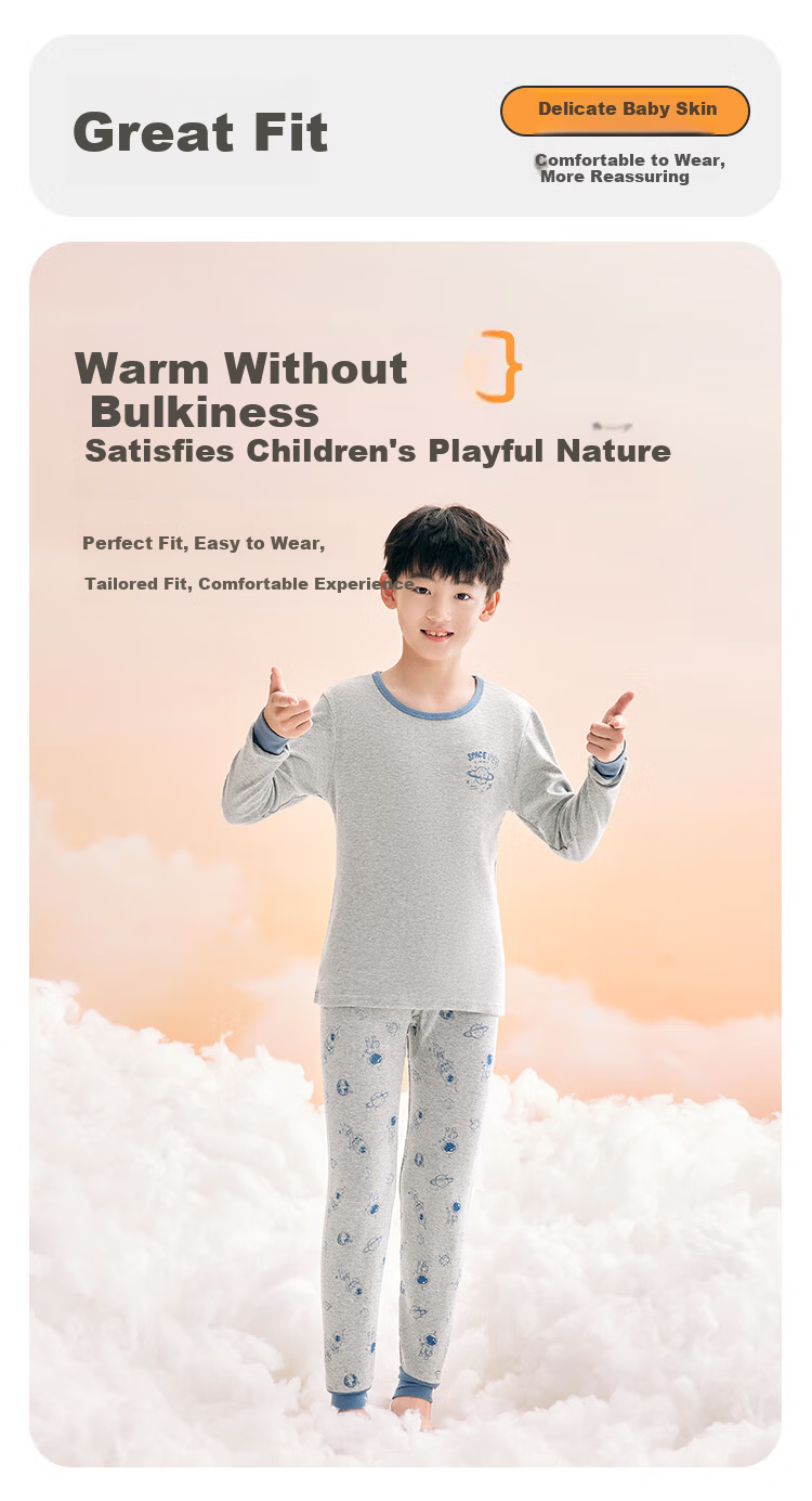 Hodohome Boys' Autumn Cotton Thermal Underwear Set, Class A, Thin, Warm Long Johns for Older Children, Size 165, Heather Gray, 120 4