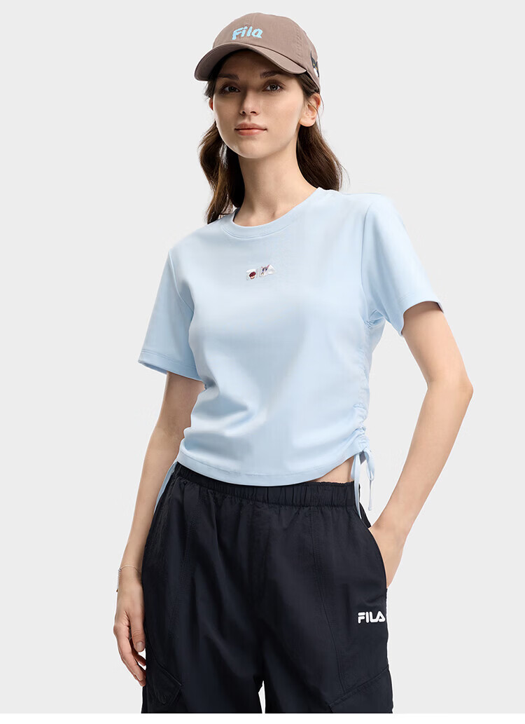 FILA Yang Mi Same Style Knitted Short Sleeve Shirt Women 2026 Summer Side Drawstring Fashion Casual Embroidered Logo Slim T-Shirt 43
