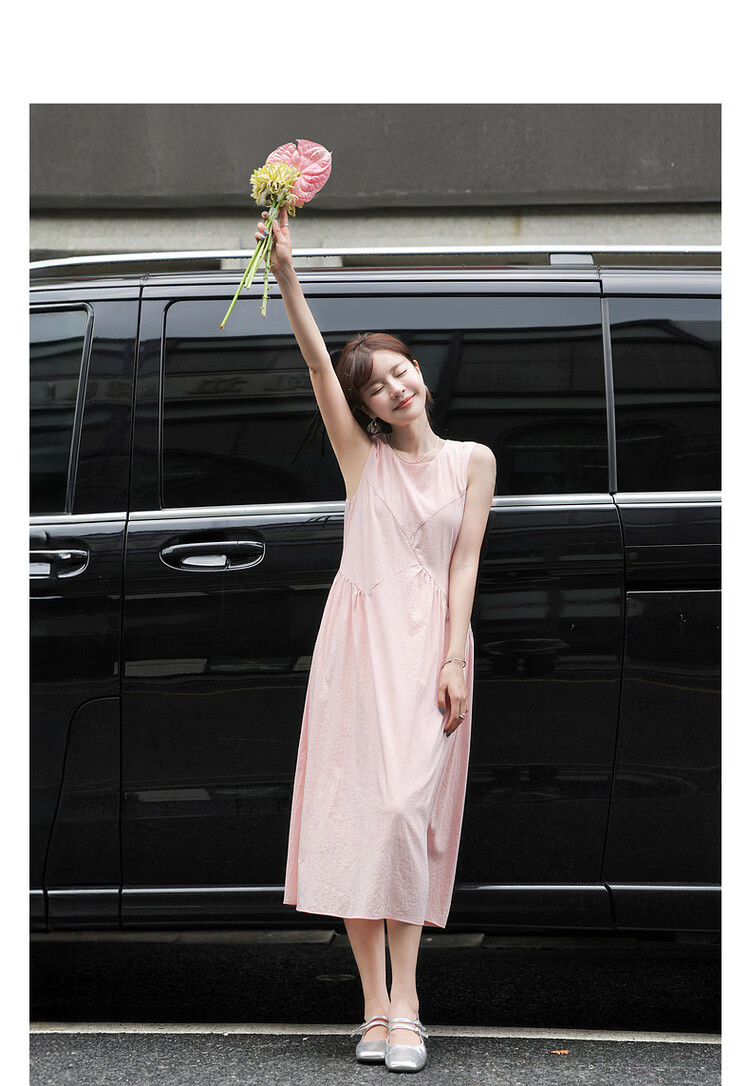 MT Light Oxygen Variations Summer Urban Elegant Round Neck Pleated Splicing Straight Sleeveless Long Dress for Women 3
