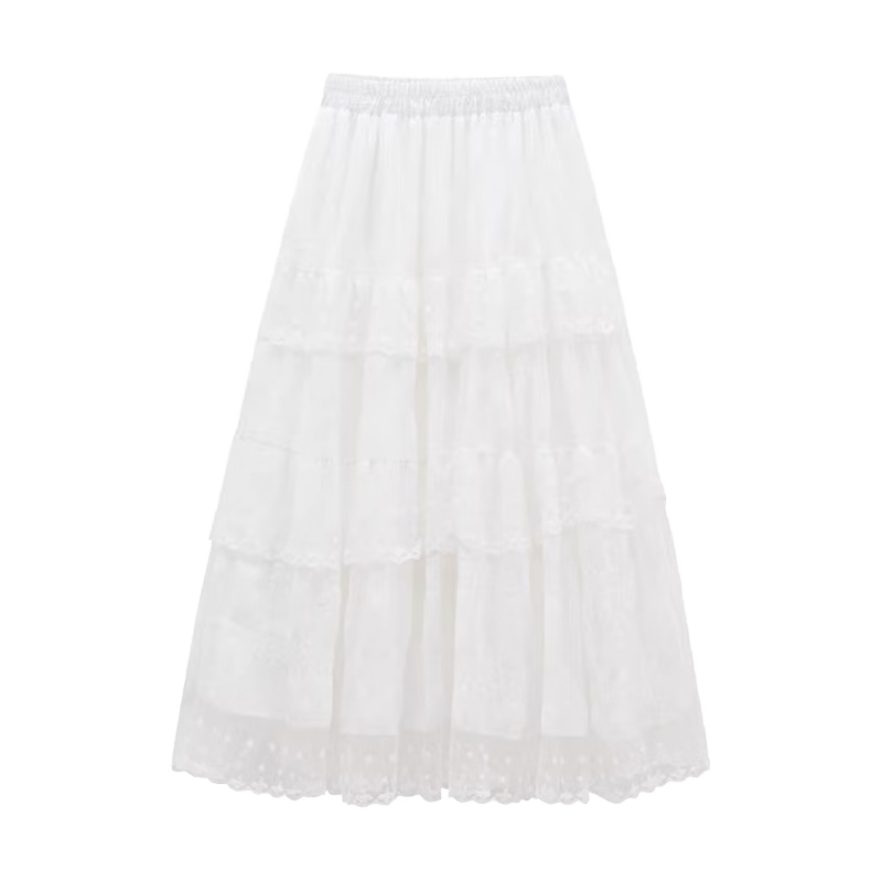 Langsha White Lace Cake Layered High-Waist A-Line Midi Skirt for Women Spring Summer Slim Fit Flowing Fairy Skirt