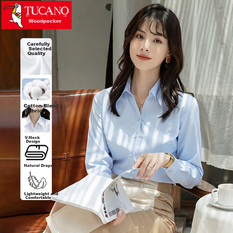 TUCANO Women's Long Sleeve Shirt Spring Autumn Solid Color Wrinkle-Resistant Non-Iron Business Casual Formal Top Light Blue S