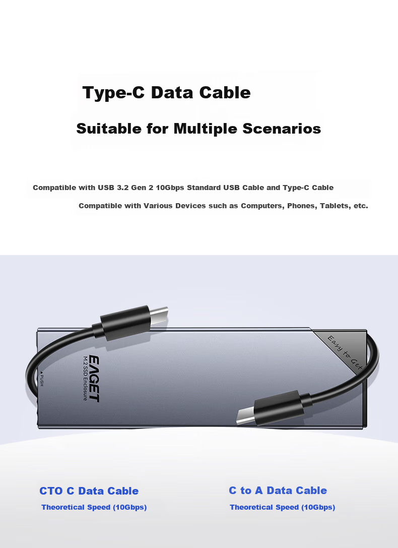 Eaget M.2 NVMe Single Protocol 10Gbps SSD Enclosure Type-C USB 3.2 External Hard Drive Case for Laptop Apple 15 External SSD Enclosure 9