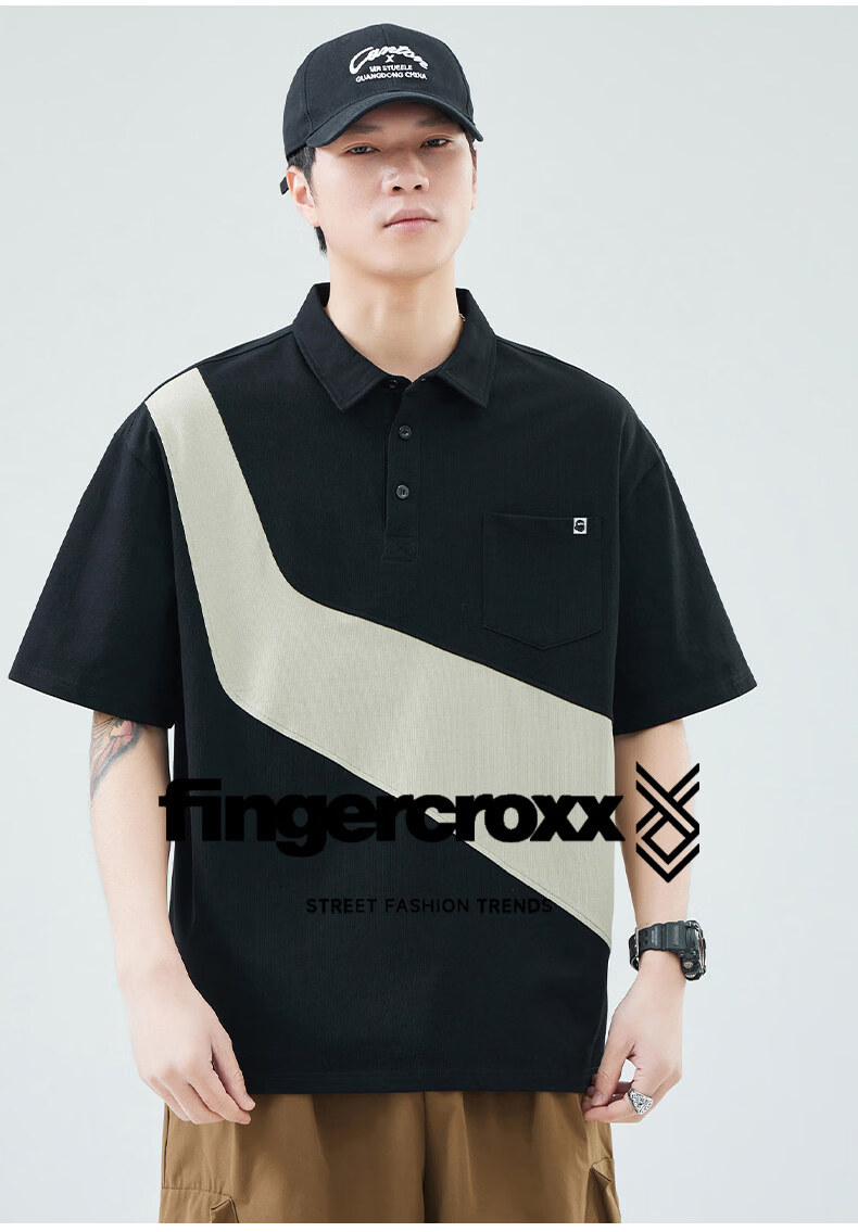 Fingercroxx American Style Patchwork Short Sleeve Polo Shirt Men Summer Loose Fit Casual Lapel Top Black M 3