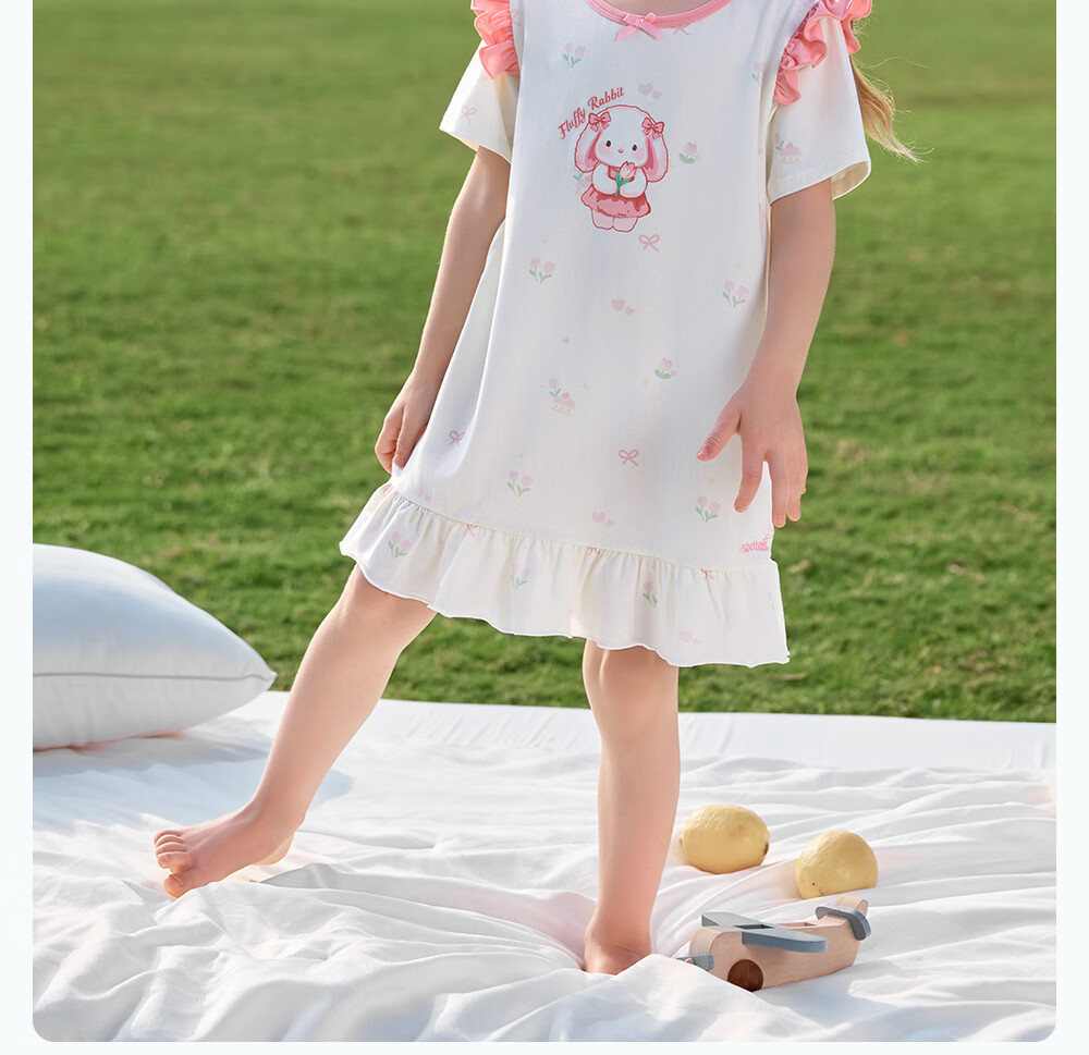 Betis Kids Homewear 2026 Summer New Thin Breathable Short Sleeve Nightdress Girls Pajamas Air Conditioning Dress with Lace 22